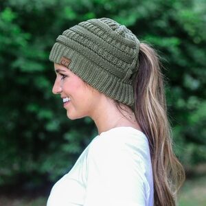 NWOT C.C Criss Cross Beanie with Ponytail Hole | Olive